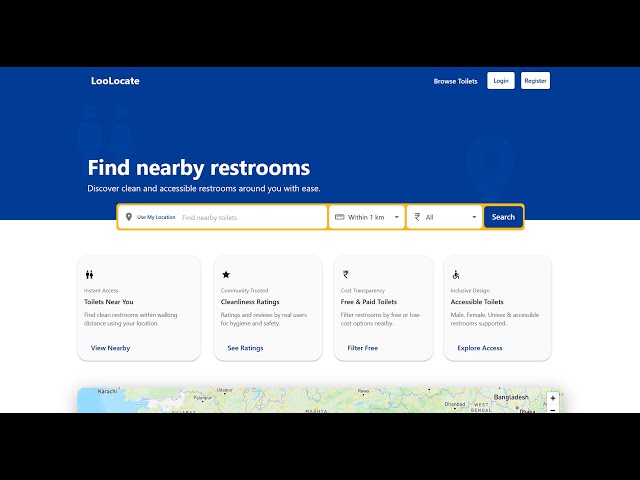 LooLocate, a full-stack application built with React.js and Node.js.