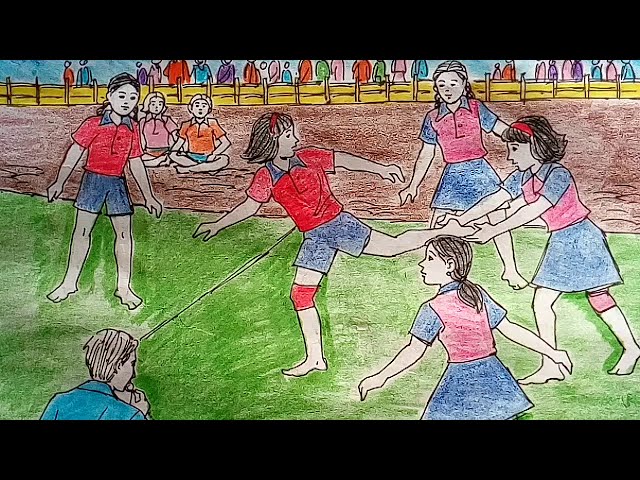 Coloring memory drawing - Girls playing Kabaddi