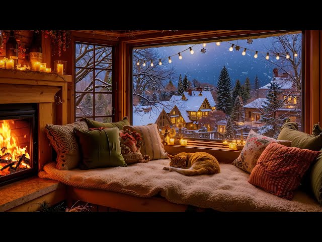Relaxing Night Snowfall View Ambience & Fire Glow | Cozy Cabin in the Winter Forest for Ease Stress