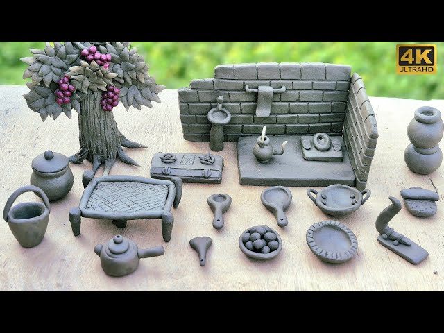 🏝Miniature Clay House washroom making🏘how to make miniature kitchen set with clay☕️tree/charpai