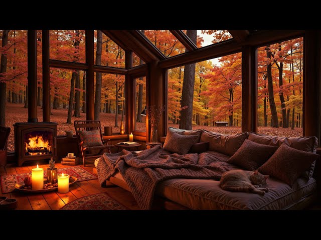 Cozy Autumn Cabin Ambience in the Woods 🍂 Jazz Music & Fireplace Sounds for Peaceful Sleep