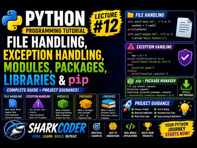 Python Programming Tutorial #12 | File Handling, Exception Handling, Modules, Packages & pip