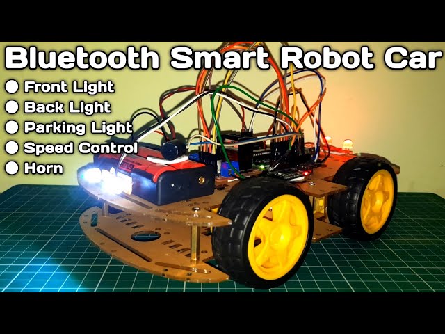 arduino bluetooth controlled robot car with front, back, parking light, horn & speed controller |
