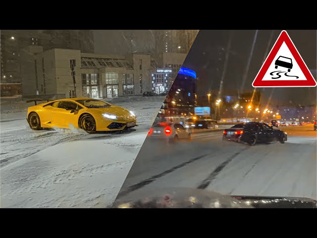 Crazy snow drift with Lambo, M3, G63… on the street!