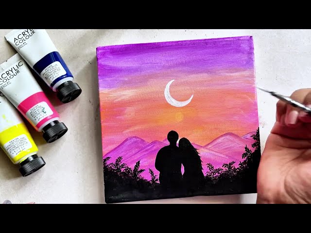 Easy Acrylic Sunset Painting |Romantic Couple Silhouette Under Moon 🌙 |Canvas Painting for Beginners