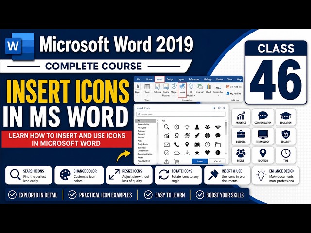 Class 46 | Insert & Use Icons in Microsoft Word | Microsoft Word 2019/2021/365 Complete Course