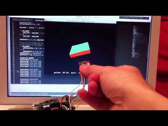 6 DOF IMU (3 axis accelerometer, 3 axis gyroscope), Arduino, OpenGL, Python, complementary filter