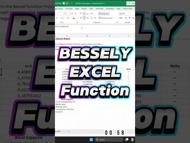 Excel A–Z in 60s: BESSELY — Bessel Y in Excel #Excel #BESSELY #ExcelShorts #ExcelTips