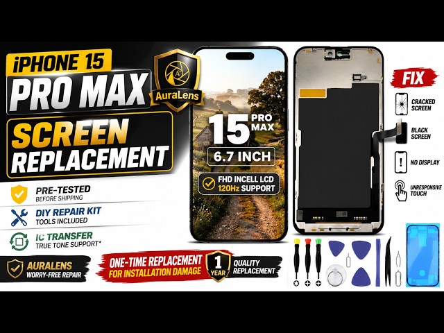 AuraLens iPhone 15 Pro Max Screen Replacement Review — FHD INCELL LCD, 120Hz & DIY Repair Kit