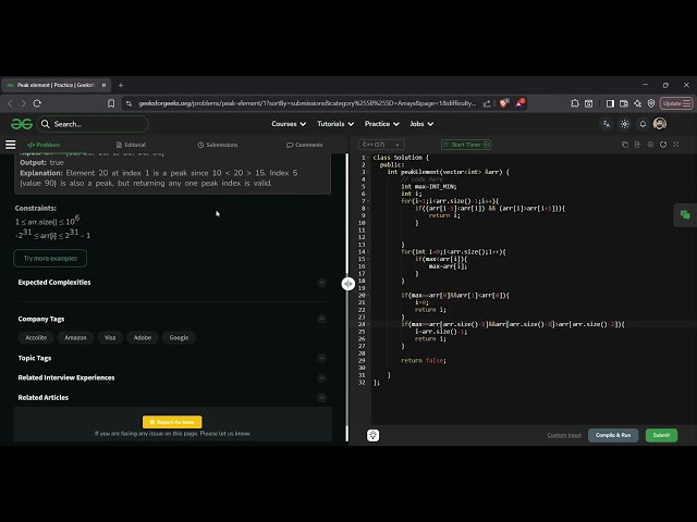 Peak Element | GeeksforGeeks GFG Solution in C++ | Linear Scan Approach | DSA