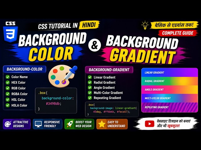 CSS Background Color & Gradient Tutorial in Hindi | Linear, Radial & Conic Gradient Explained