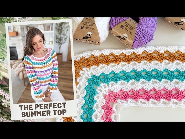 Easy Crochet Serena Shell Stitch Top Pattern | Seamless Top Down Crochet Sweater XS to 5X