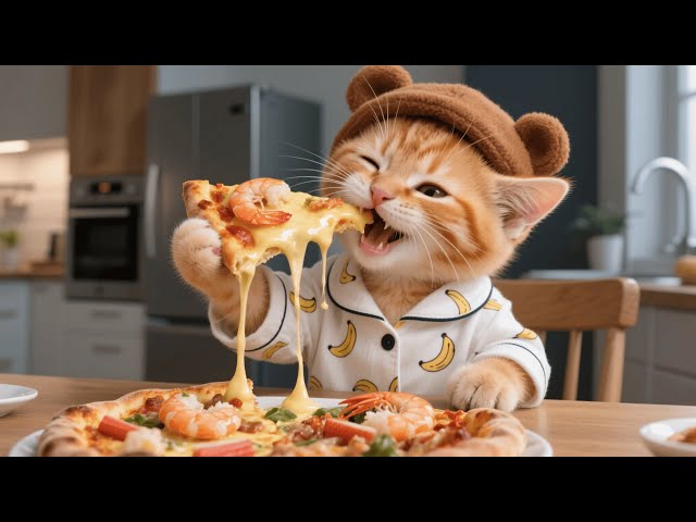 Ginger Kitten Loves Cheesy Dishes — Mama Cat Makes a Delicious Stretchy Cheese Pizza 🧀🐱