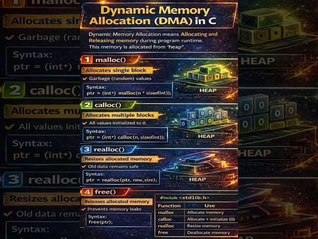 Dynamic Memory Allocation in C 🔥 | malloc, calloc, realloc & free Explained Easily|| #short #c