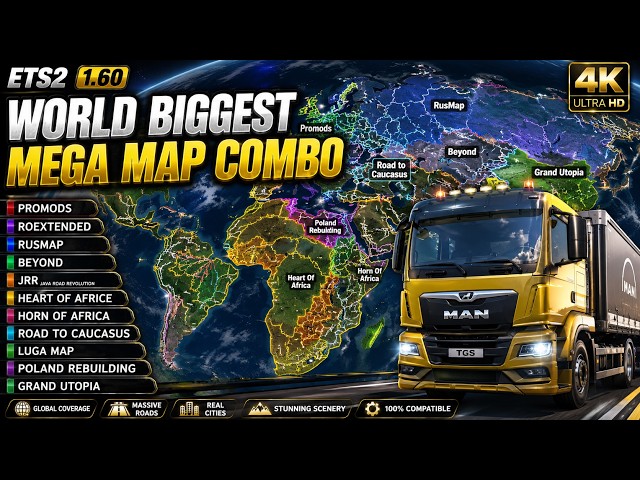 ETS2 1.60 WORLD BIGGEST MEGA MAP COMBO | Roextended, Rusmap, Beyond, LUGA Map, Promods & More