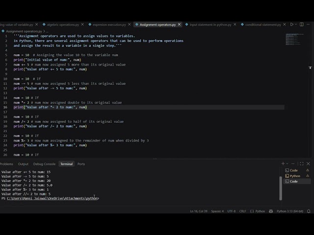 Using assignment operator in vs code for python programming