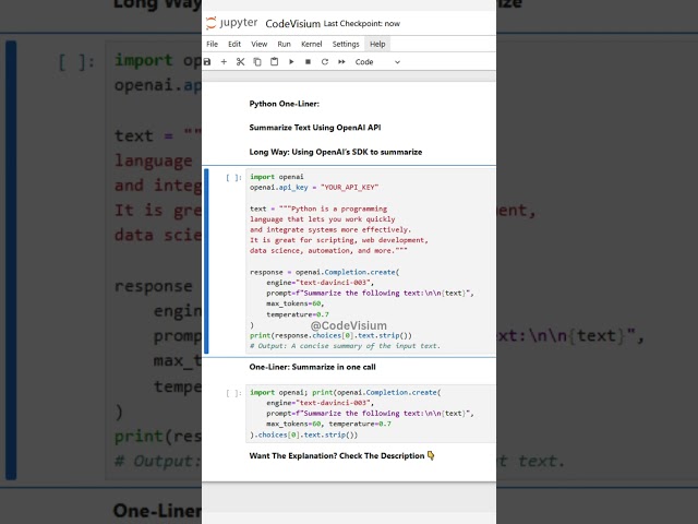 Python One-Liner: Summarize Text Using OpenAI API! 🤖✨ #PythonTips #CodingShorts