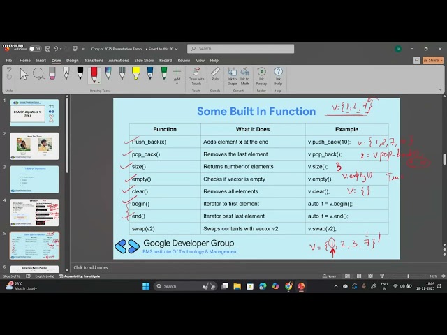 AlgoWeek 1 | Day 2 | Vector Basics | C++ Built-In Functions | GDGoC BMSIT&M