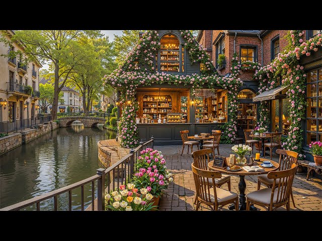 Peaceful Spring Morning at Canalside Café Shop Ambience 🌿 Relaxing Jazz Music for Work, Good Mood