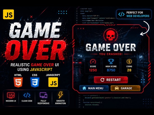 Create a responsive and attractive game over interface developed using HTML5, CSS3 and JavaScript