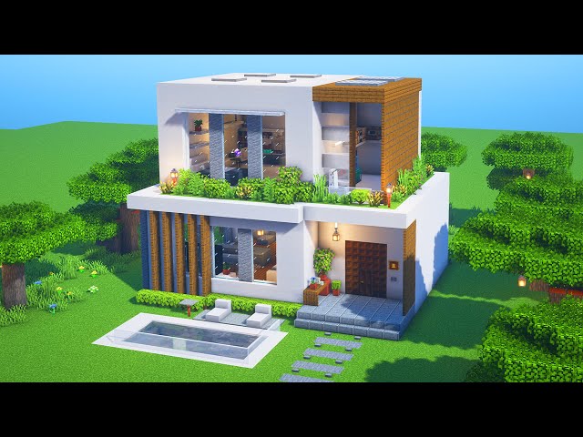 ⛏️Minecraft Tutorial: How to build a Modern House with Pool (Easy to Follow)