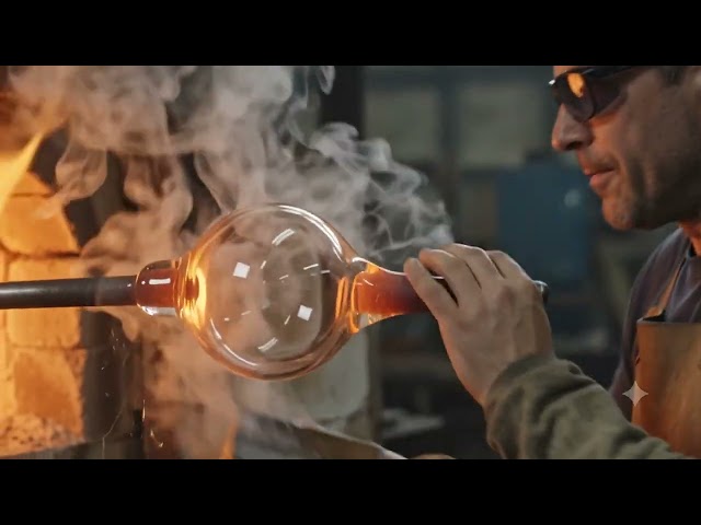 "Ultra-realistic cinematic documentary of skilled artisans making a traditional glass factory. 