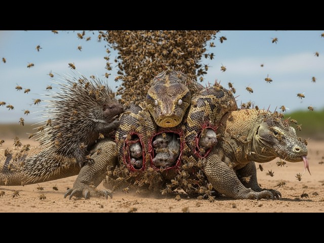 Mother Porcupine Lures Komodo Dragon & Python Into a Living BEE STORM!