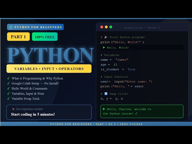 Python for Beginners Part 1 — Variables, Input & Your First Program | Free Google Colab Setup