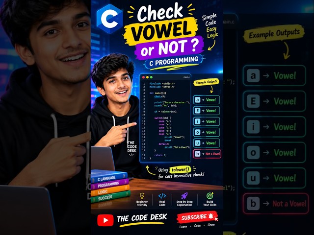 C Programming: Check Vowel or Not Using Switch & toupper() 🔥 | C Tutorial #shorts