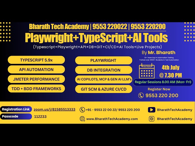 New Morning batch (8AM ) on Playwright with Typescript along with Gen AI Starts from July 4th 7.30PM