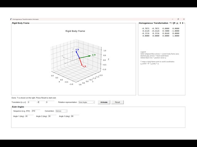 Homogenous Transformation Animation Application in MATLAB, Python, and Executable Formats