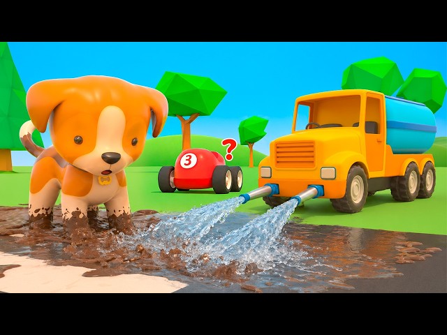 Cleaning trucks wash the road of dirt and clean big street vehicles with water.