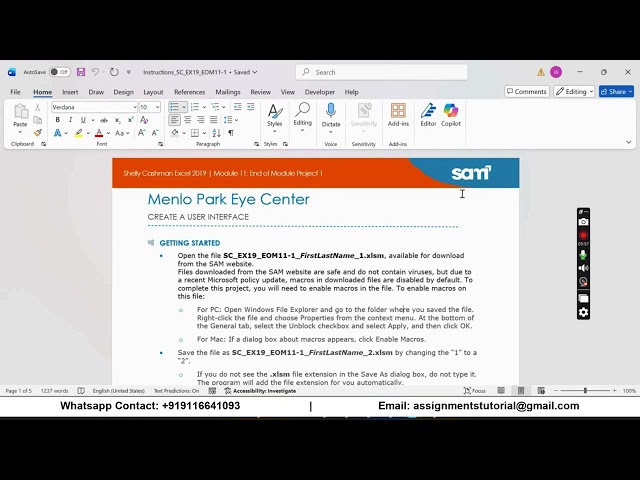 Shelly Cashman Excel 2019 | Module 11: End of Module Project 1 Menlo Park Eye Center