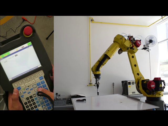 Basic level programming of the Fanuc M10-iA robot (joint, line, circular arc and cycles).