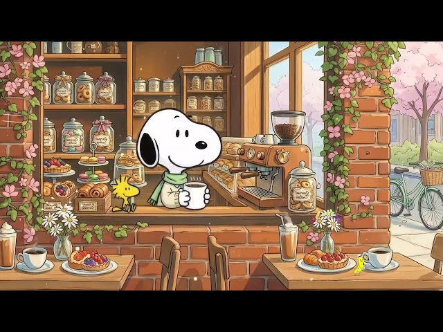 Quiet Café Morning with Snoopy ☕ Soft Instrumental Jazz for Work, Study 🎶 Cozy Spring Vibes