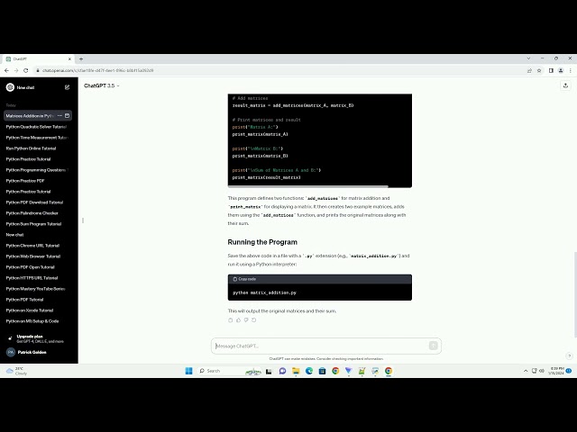 python program to add two matrices using list