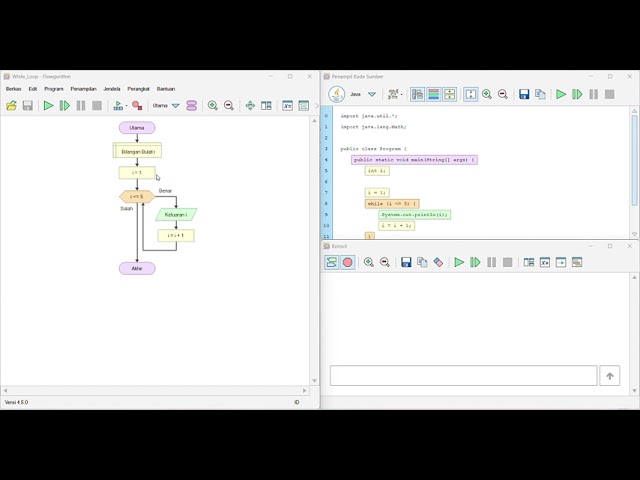 Materi perulangan atau loop di Flowgorithm, yang mencakup For Loop, While Loop, dan Do While Loop.